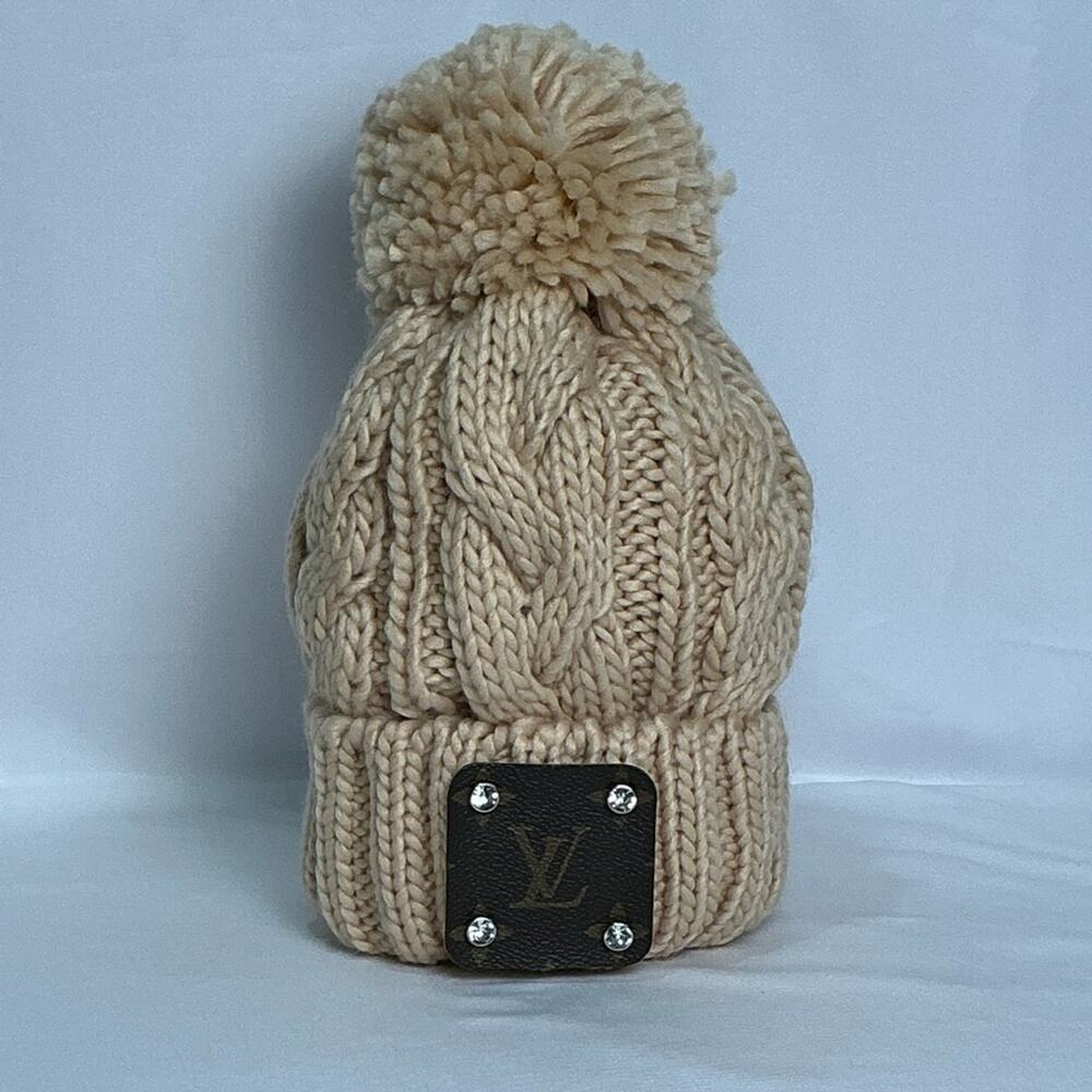 Louis Vuitton Monogram Canvas Chunky Knit Cream Pom Pom Beanie Hat